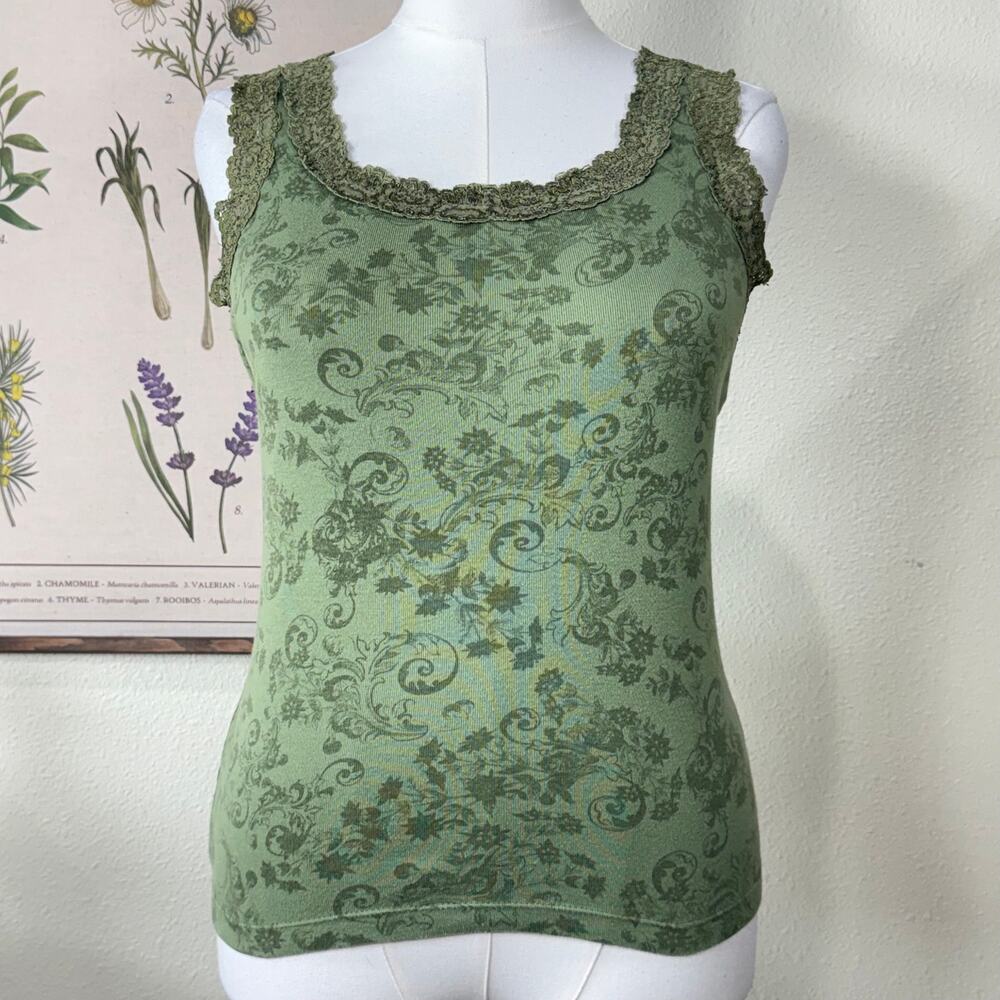 90s Y2k Floral Lace Trim Tank Top Fairy Grunge Whimsigoth Forest Hippie Boho M